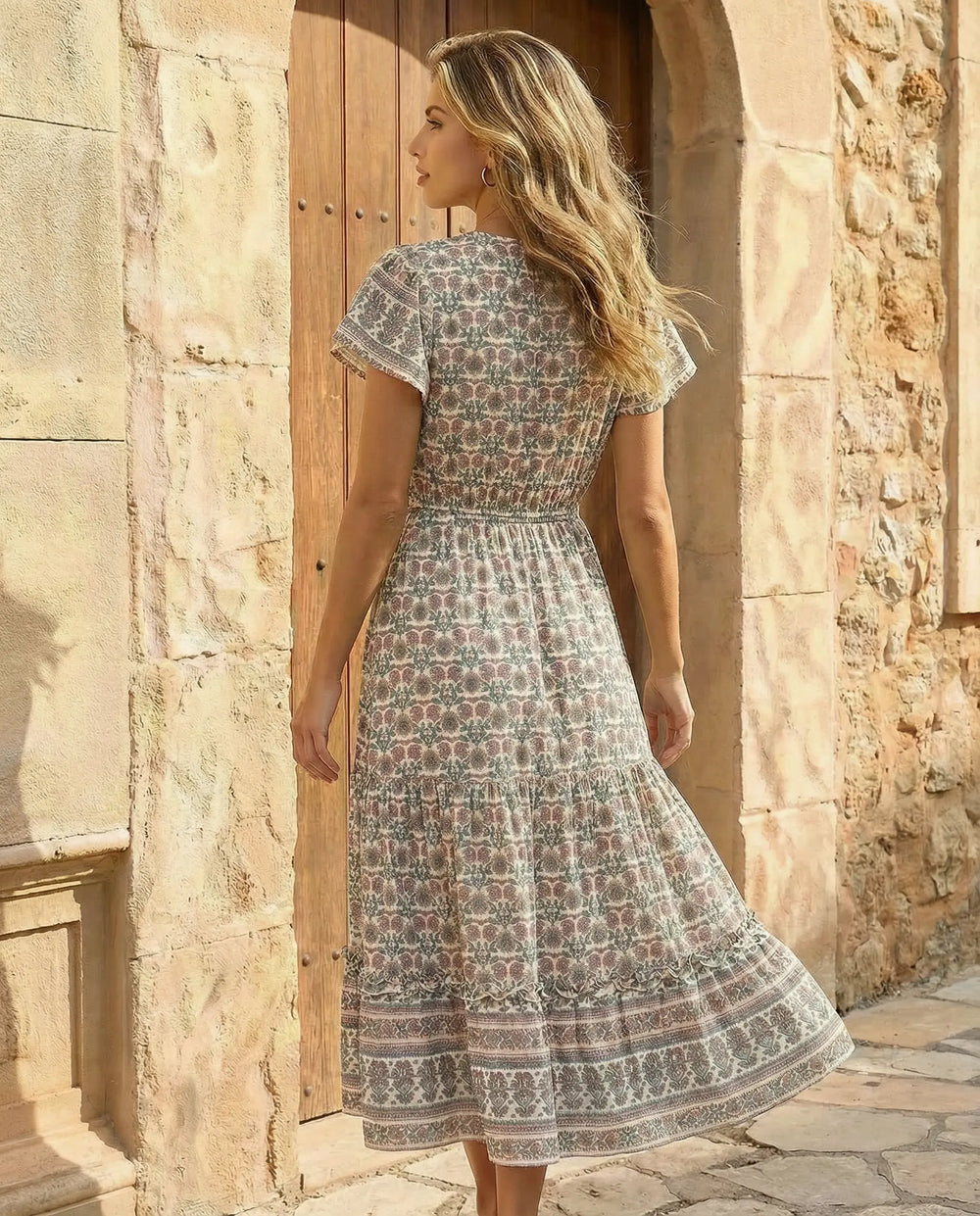 SOLACE  Floral Print V-Neck Short Sleeve Tiered Maxi Dress 