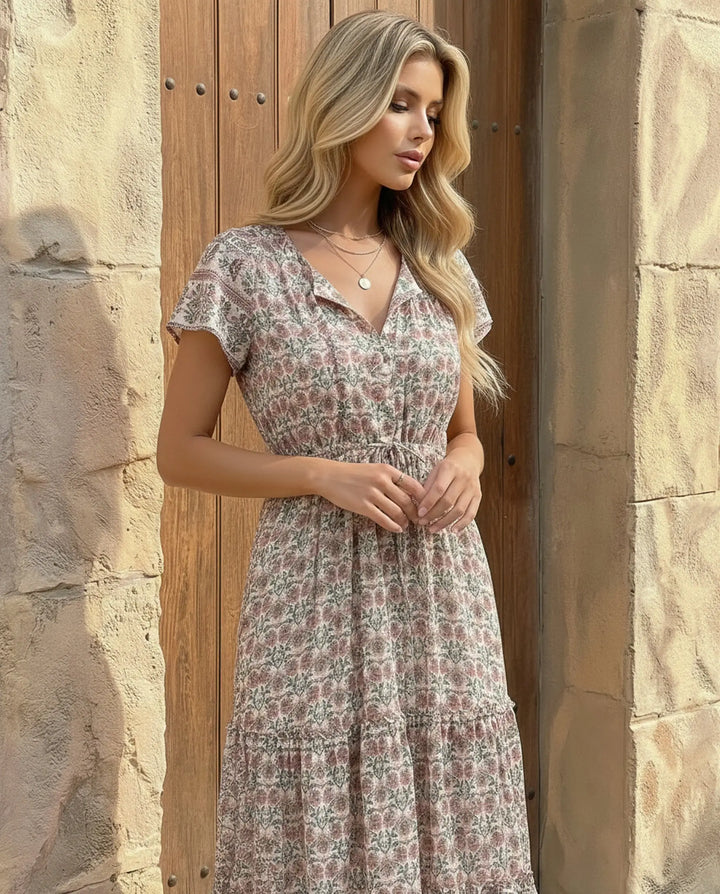SOLACE  Floral Print V-Neck Short Sleeve Tiered Maxi Dress 