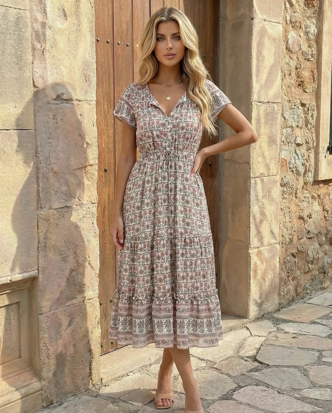 SOLACE  Floral Print V-Neck Short Sleeve Tiered Maxi Dress 