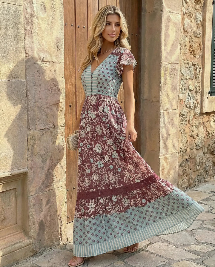 SOLACE  Patchwork Floral Print V-Neck Short Sleeve Lace Trim Maxi Dress 
