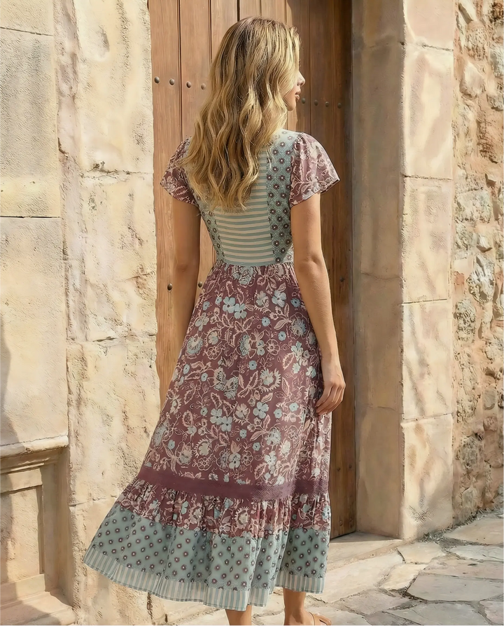 SOLACE  Patchwork Floral Print V-Neck Short Sleeve Lace Trim Maxi Dress 