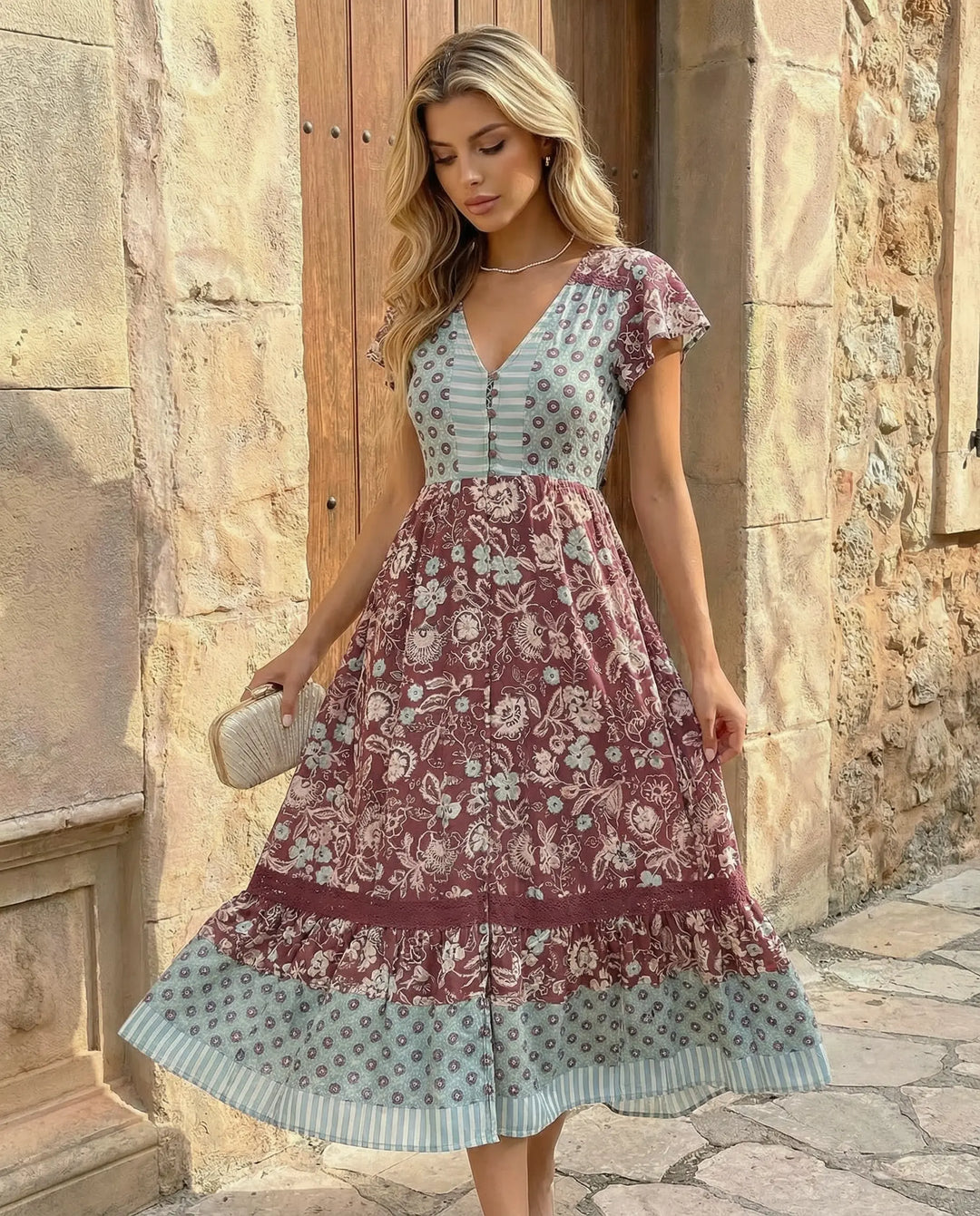 SOLACE  Patchwork Floral Print V-Neck Short Sleeve Lace Trim Maxi Dress 
