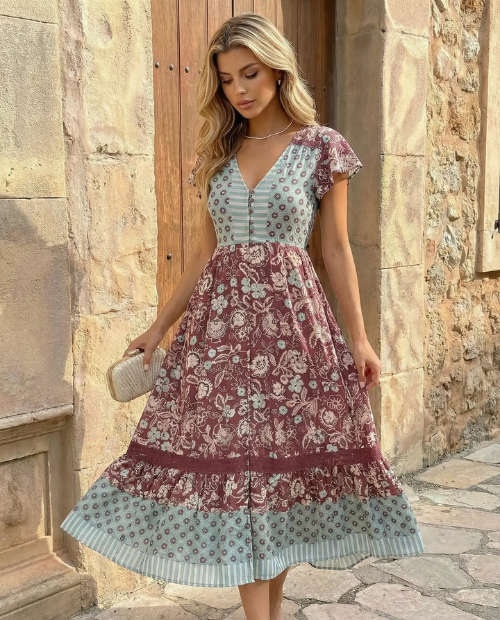 SOLACE  Patchwork Floral Print V-Neck Short Sleeve Lace Trim Maxi Dress 