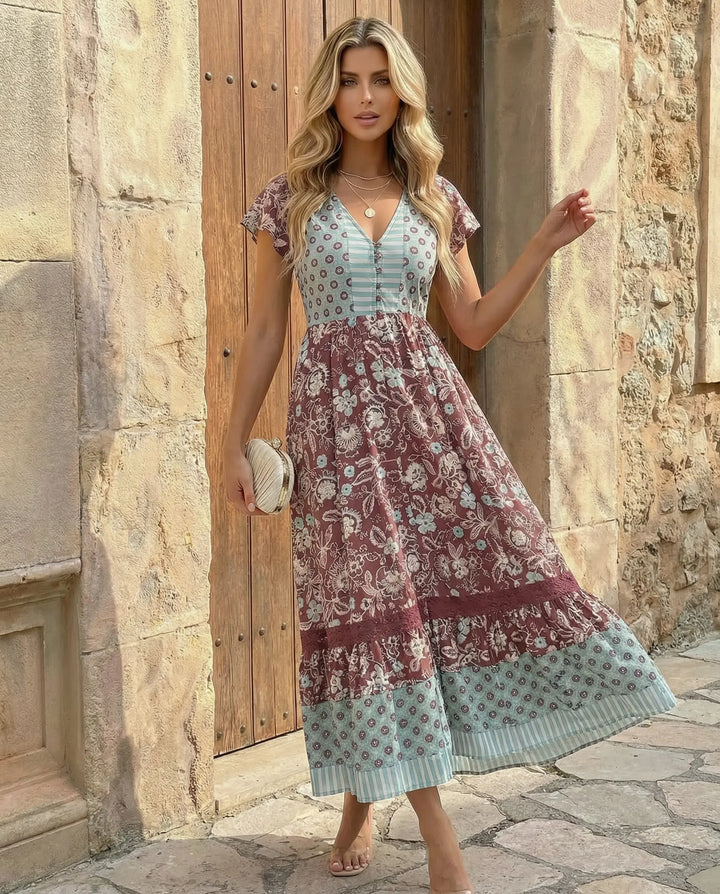 SOLACE  Patchwork Floral Print V-Neck Short Sleeve Lace Trim Maxi Dress 