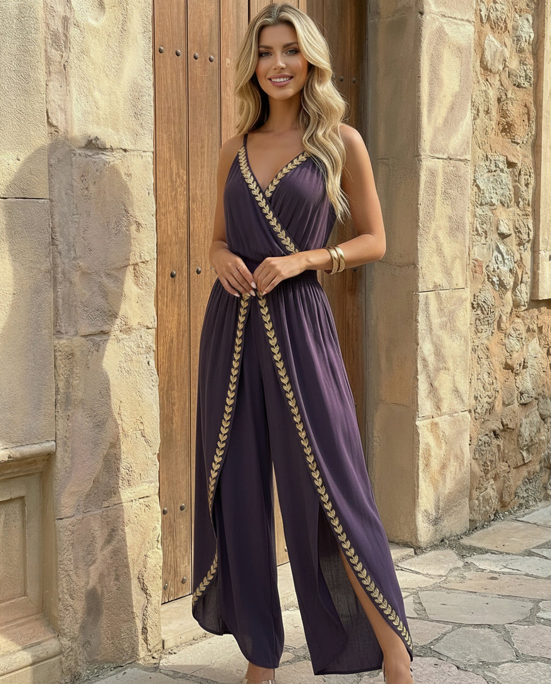 SOLACE  Purple Spaghetti Strap Gold Embroidered Wide Leg Jumpsuit 