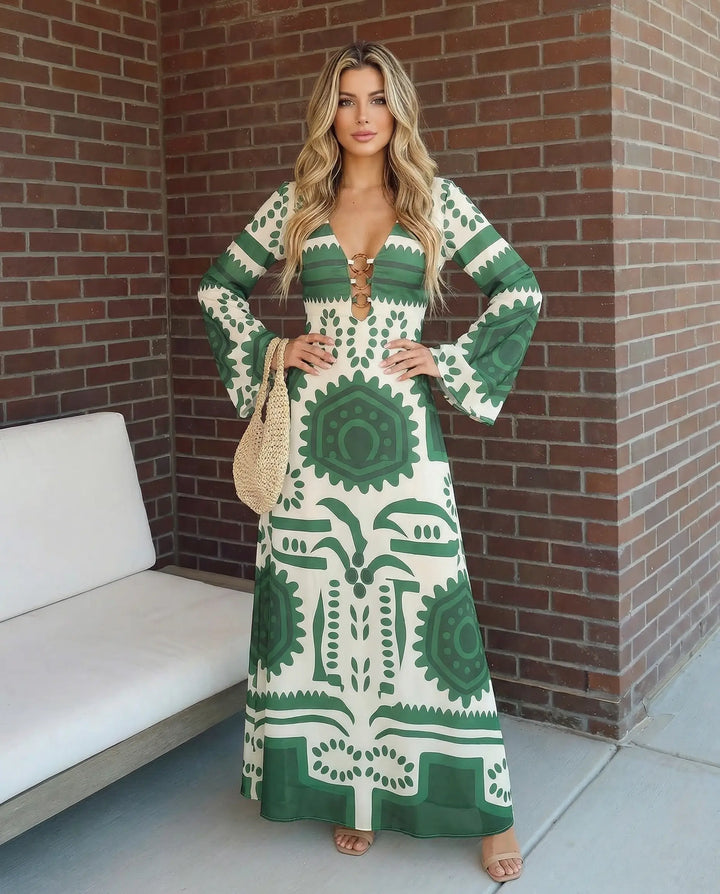 SOLACE  Green Geometric Print V-Neck Long Sleeve Maxi Dress 