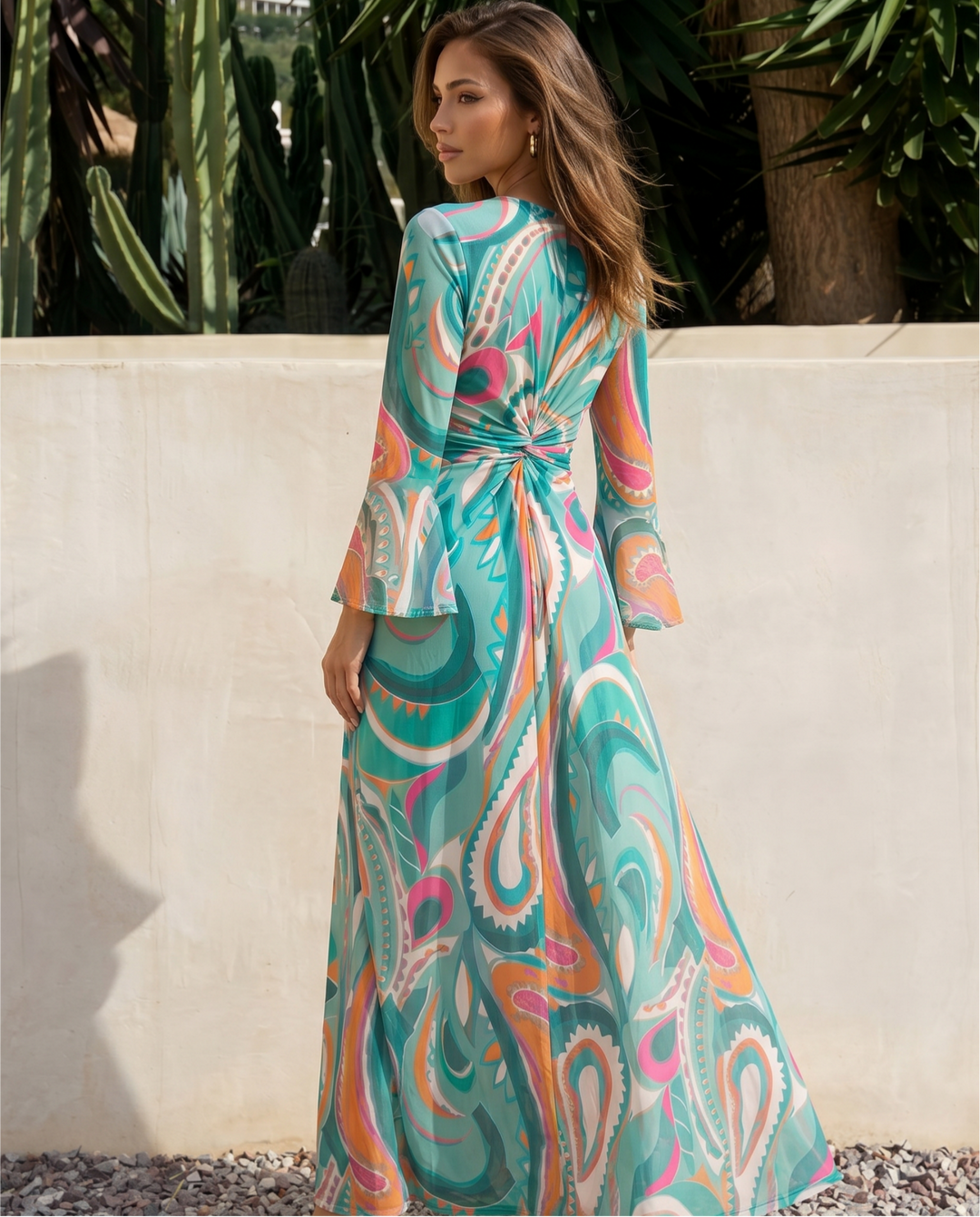 SOLACE  Green Paisley Print Twist-Front Long Sleeve Maxi Dress 