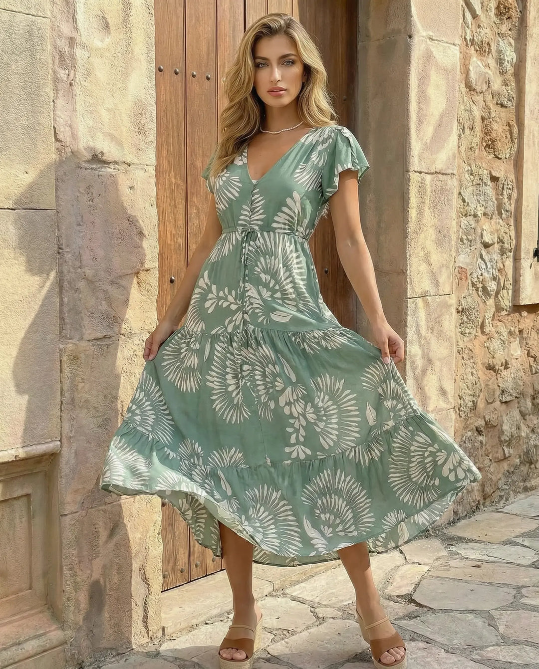 SOLACE  Green Leaf Print V-Neck Tiered Maxi Dress 
