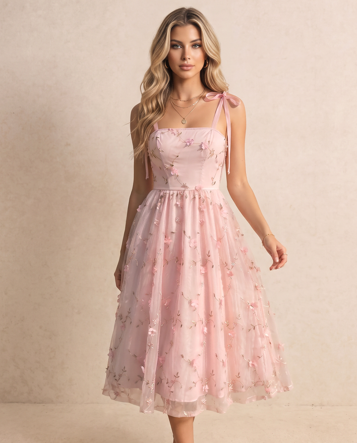 SOLACEPink Floral Embroidered Tulle Midi Dress