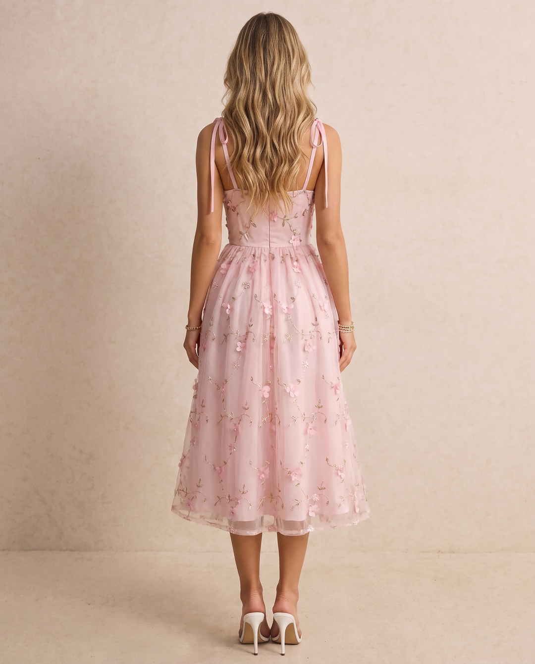 SOLACEPink Floral Embroidered Tulle Midi Dress