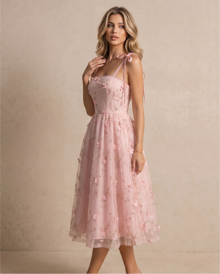 SOLACEPink Floral Embroidered Tulle Midi Dress