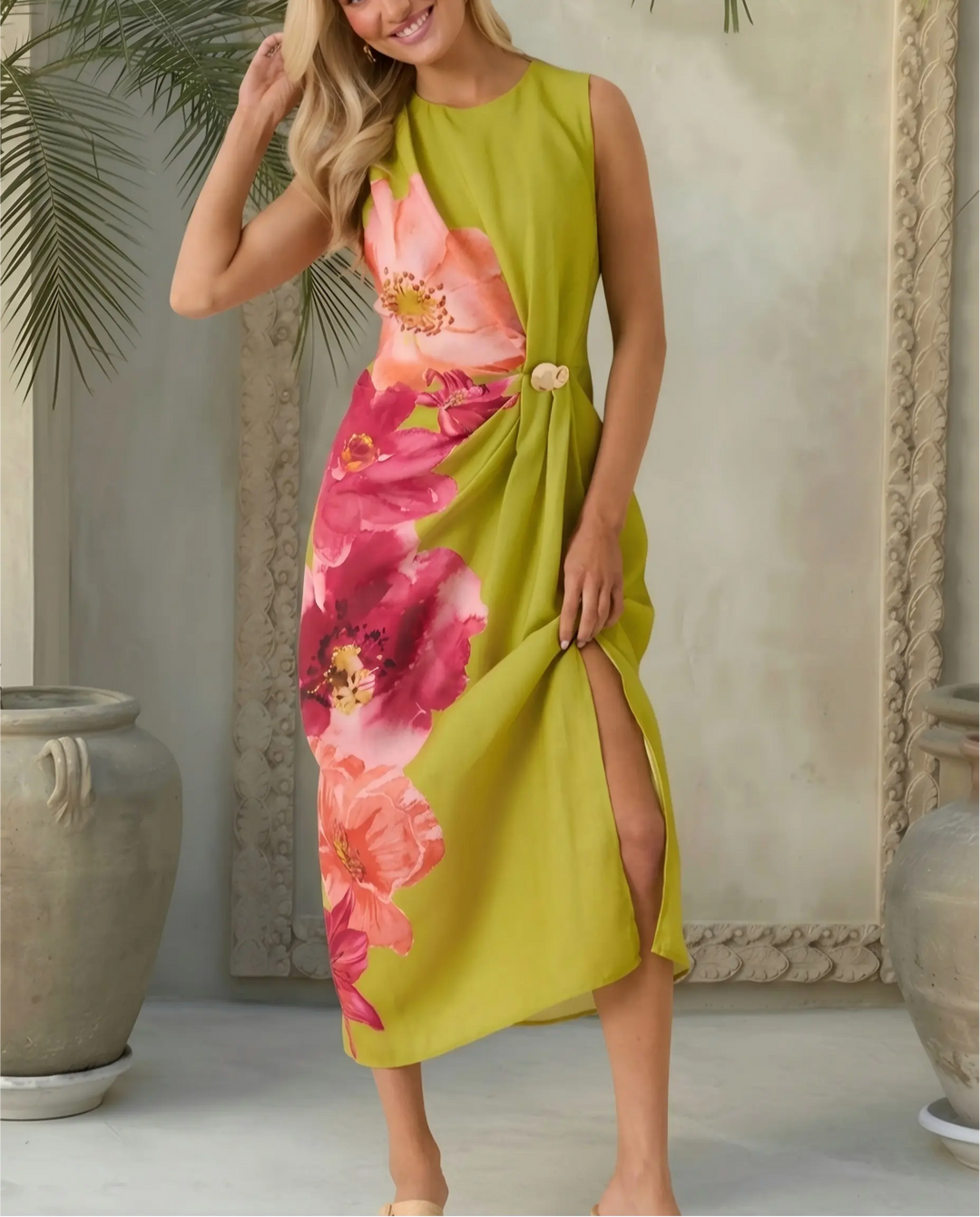 SOLACE  Light Green Floral Print Sleeveless Midi Dress 