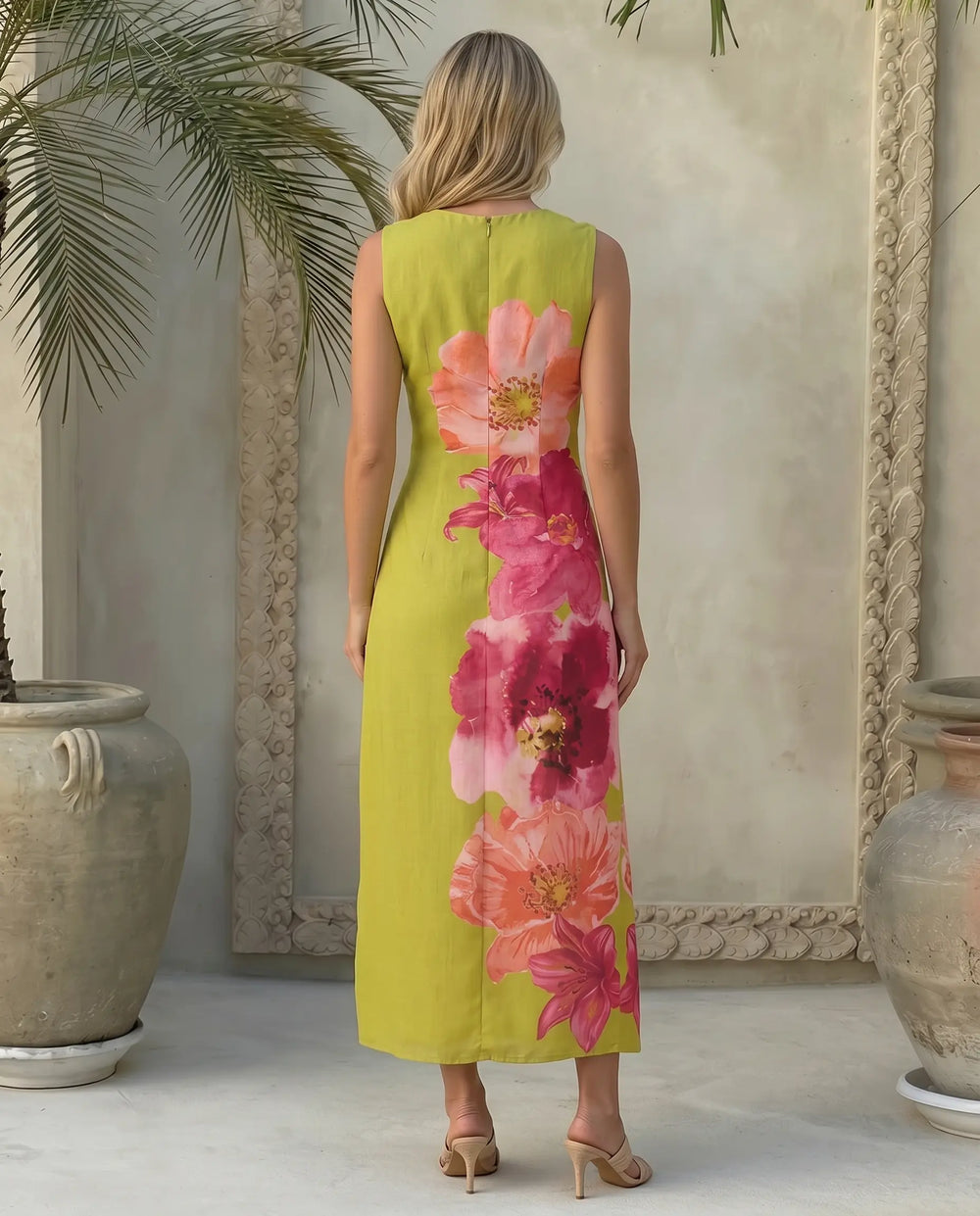 SOLACE  Light Green Floral Print Sleeveless Midi Dress 