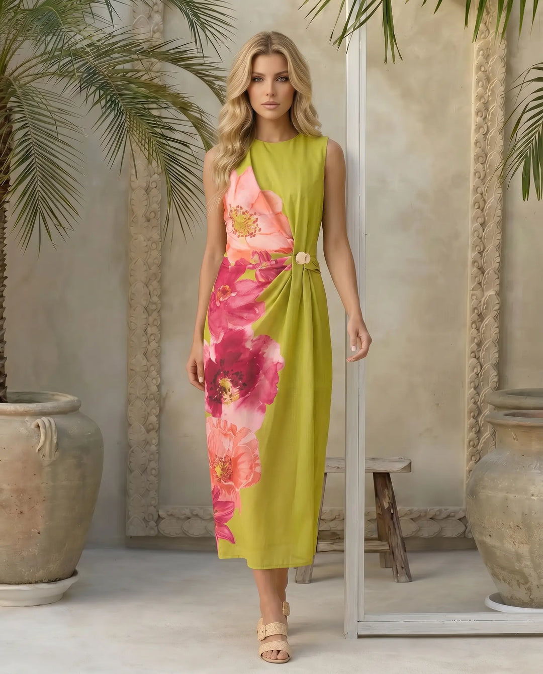 SOLACE  Light Green Floral Print Sleeveless Midi Dress 