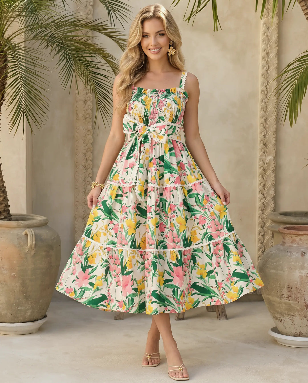 SOLACE  Floral Print Spaghetti Strap Tiered Midi Dress 