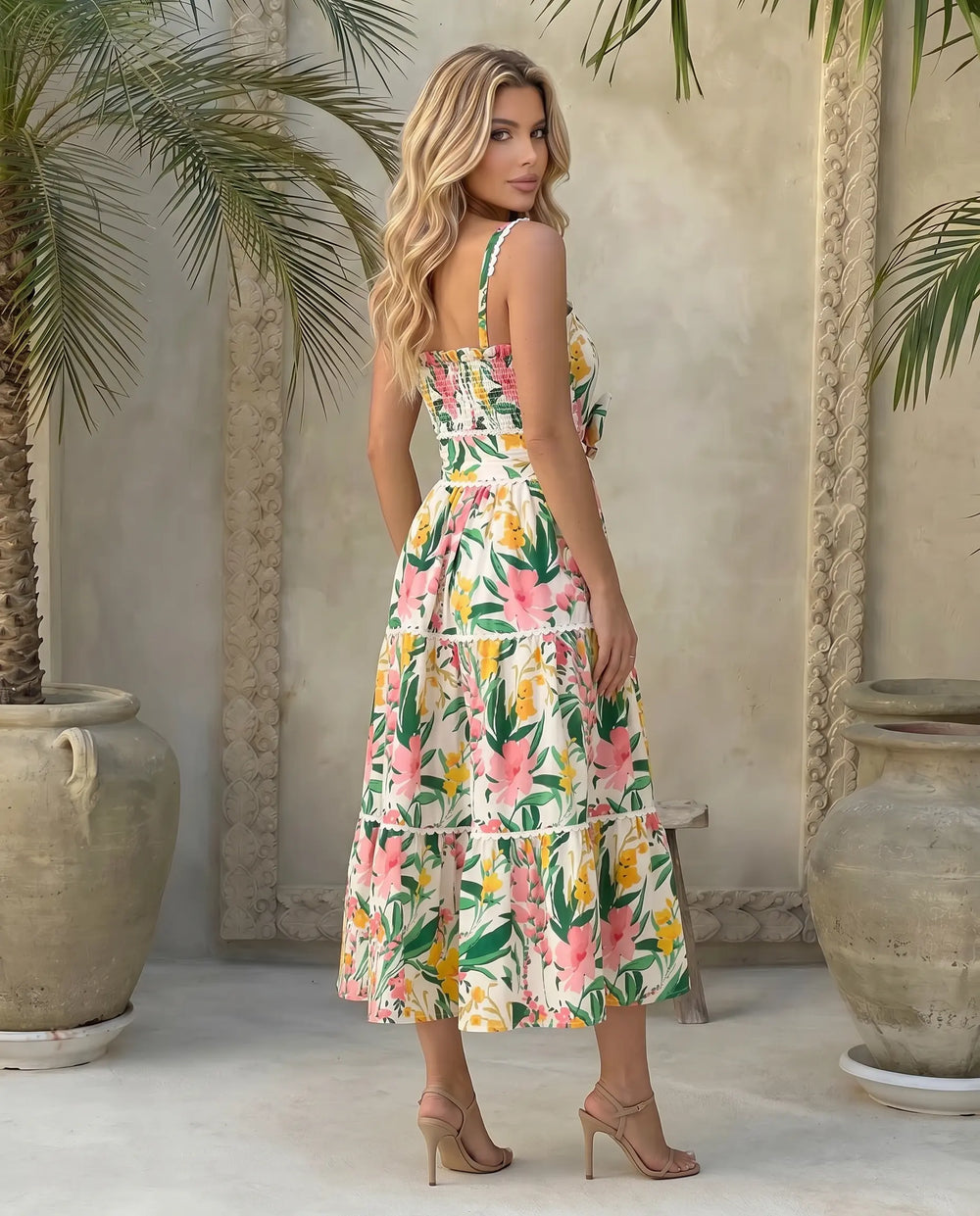 SOLACE  Floral Print Spaghetti Strap Tiered Midi Dress 