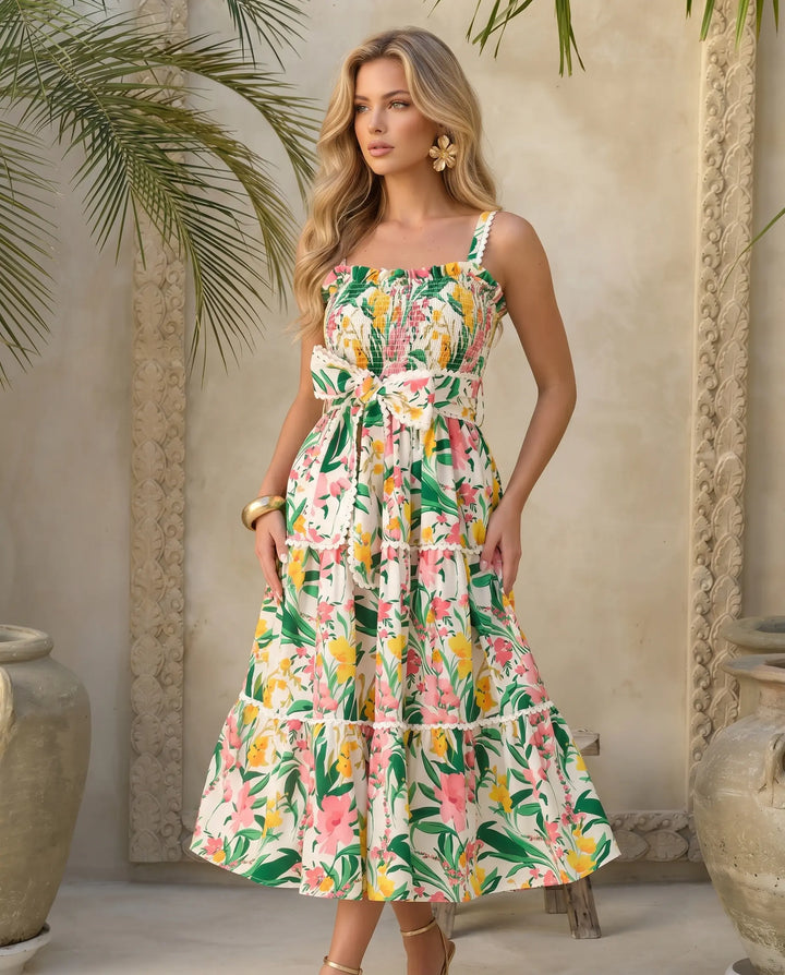 SOLACE  Floral Print Spaghetti Strap Tiered Midi Dress 