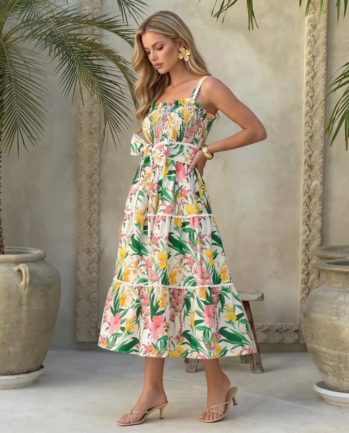 SOLACE  Floral Print Spaghetti Strap Tiered Midi Dress 