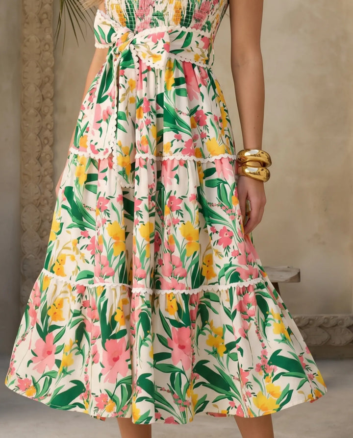SOLACE  Floral Print Spaghetti Strap Tiered Midi Dress 