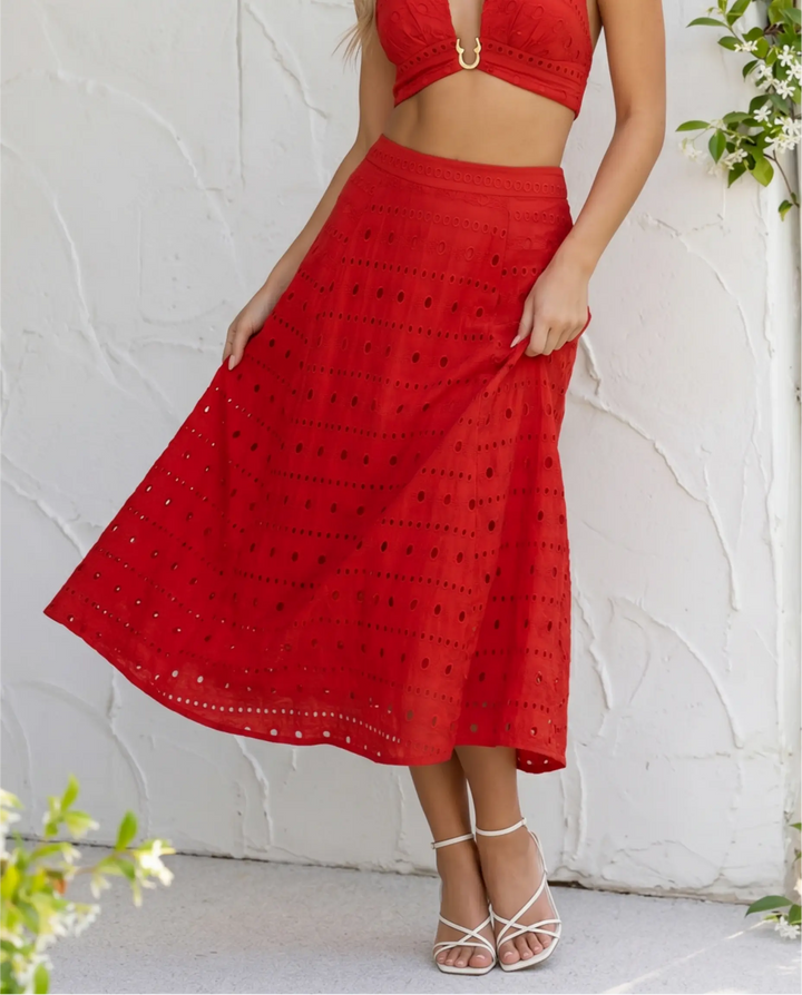 SOLACE  Red Eyelet Embroidery Cotton Blend Midi A-Line Skirt 