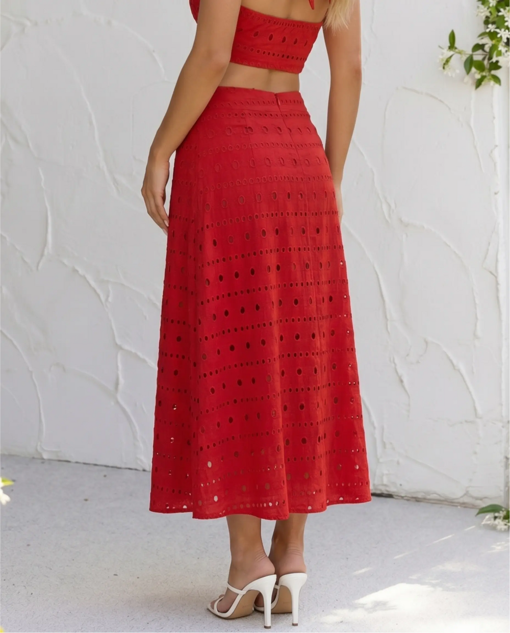 SOLACE  Red Eyelet Embroidery Cotton Blend Midi A-Line Skirt 