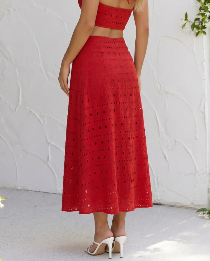 SOLACE  Red Eyelet Embroidery Cotton Blend Midi A-Line Skirt 