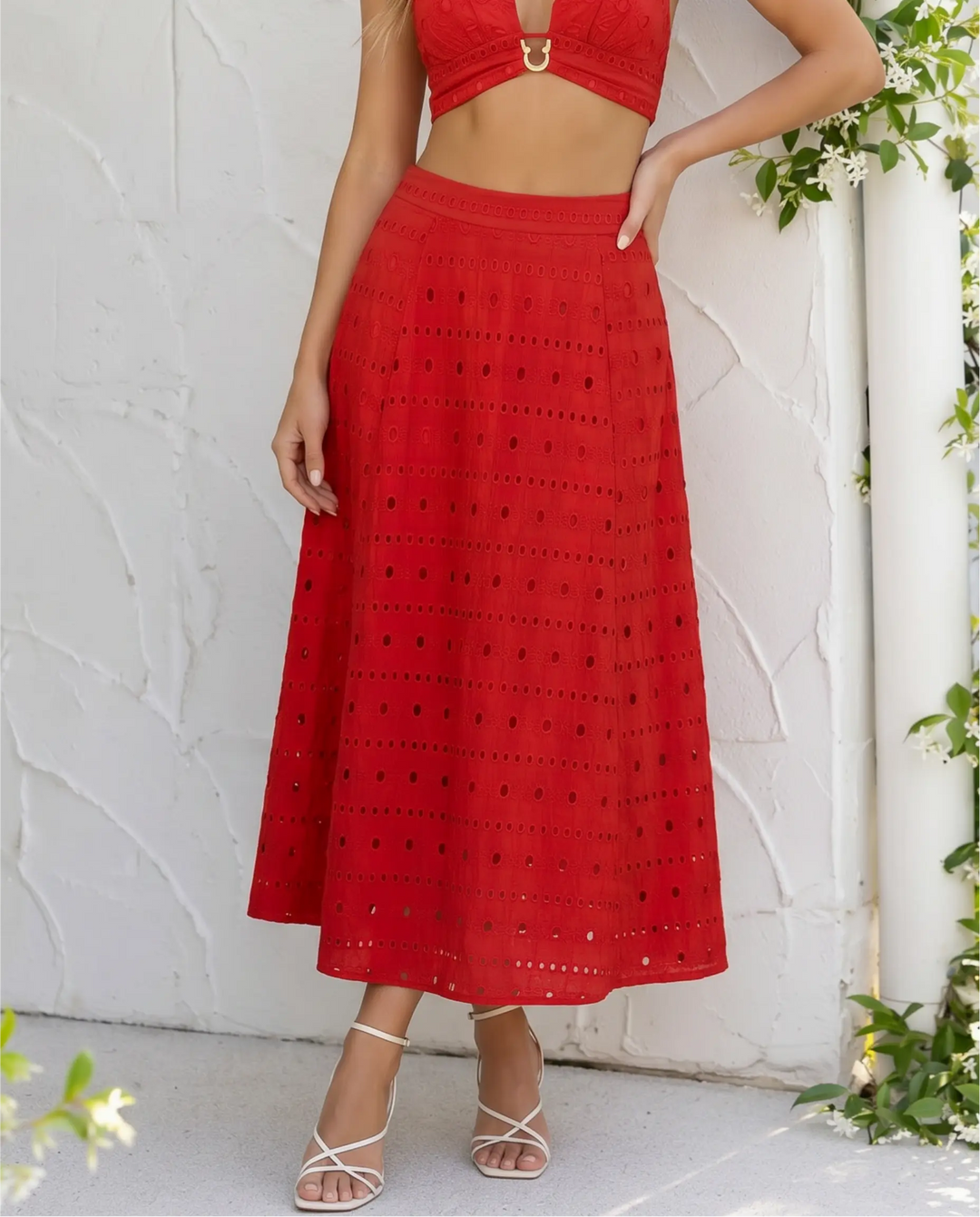 SOLACE  Red Eyelet Embroidery Cotton Blend Midi A-Line Skirt 