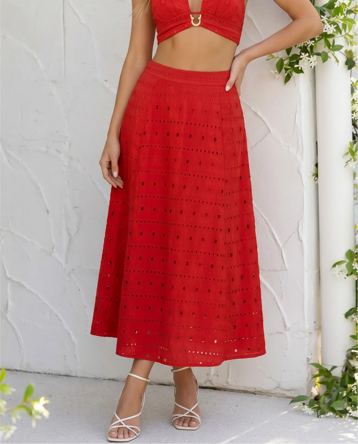 SOLACE  Red Eyelet Embroidery Cotton Blend Midi A-Line Skirt 