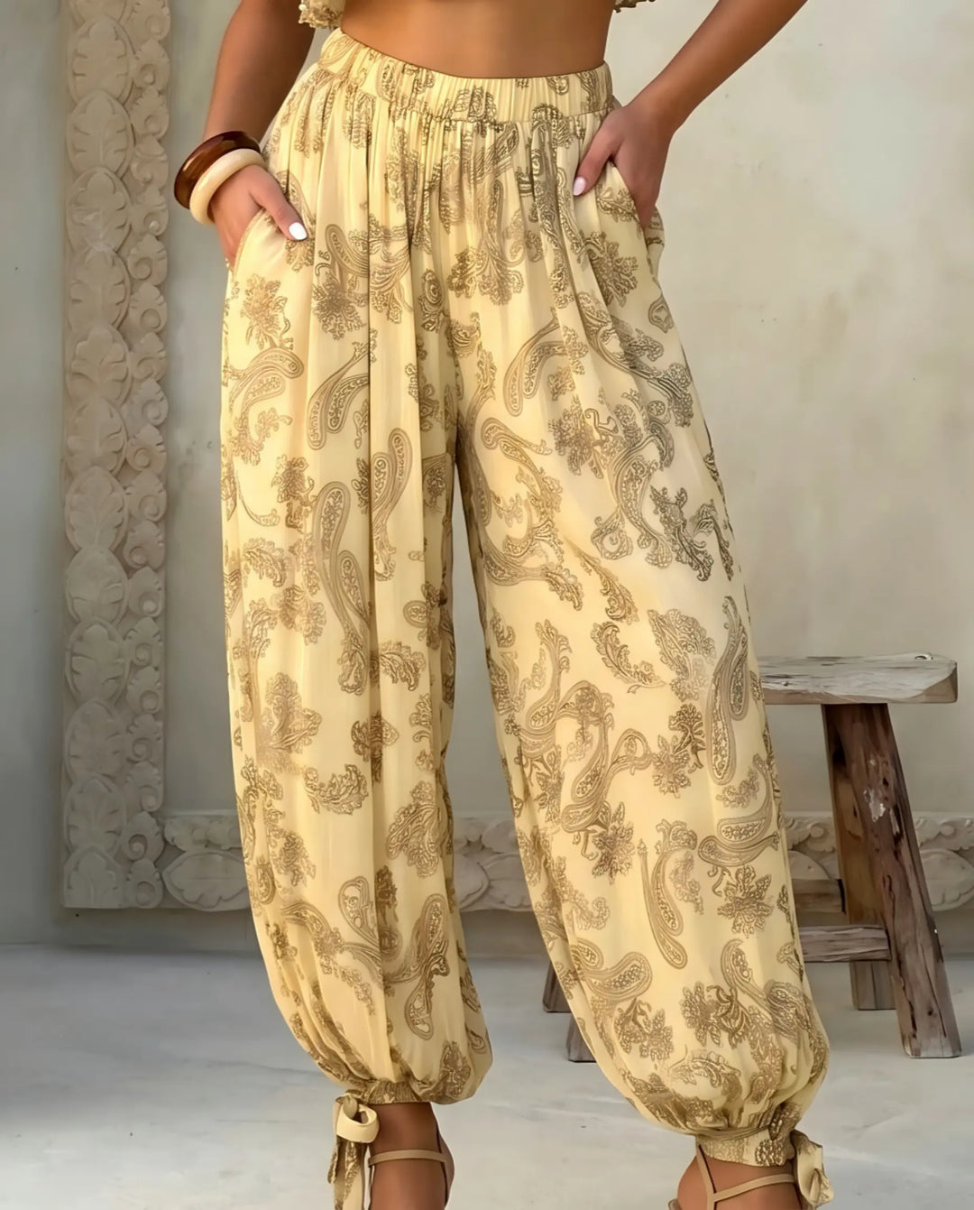 SOLACE  Beige Paisley Print High Waist Harem Pants 