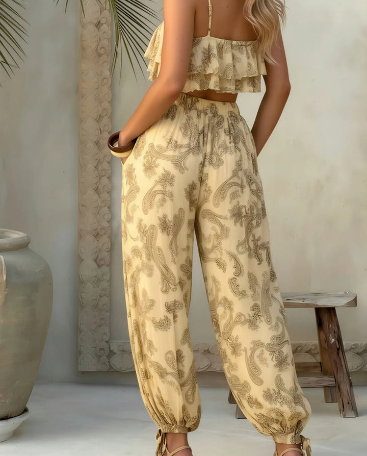 SOLACE  Beige Paisley Print High Waist Harem Pants 