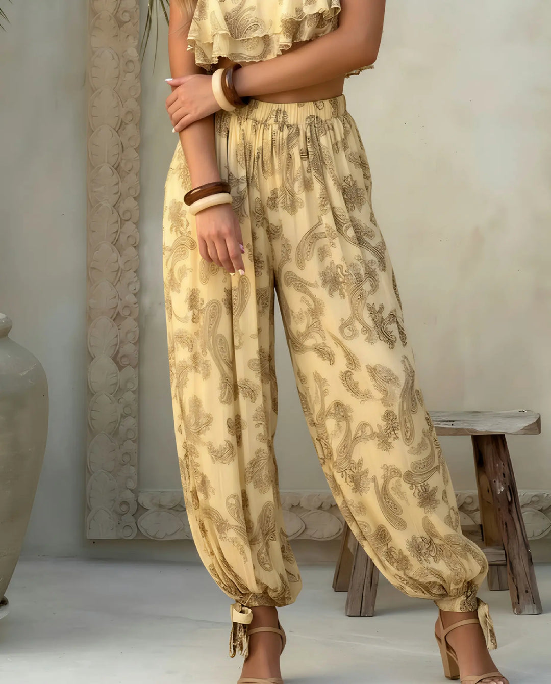 SOLACE  Beige Paisley Print High Waist Harem Pants 