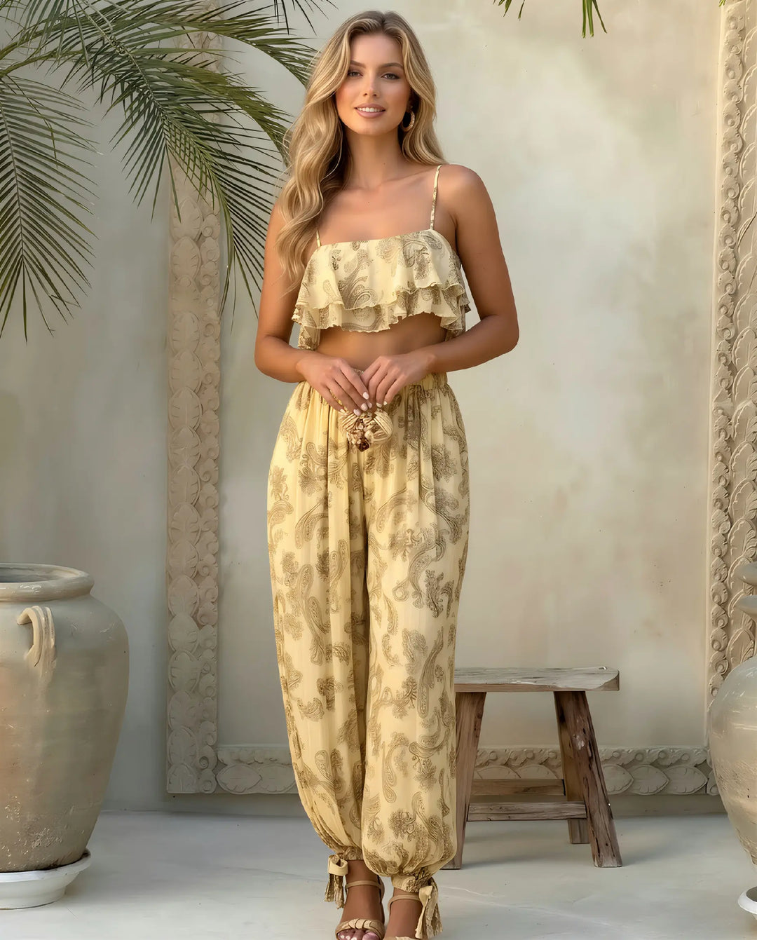 SOLACE  Beige Paisley Print High Waist Harem Pants 
