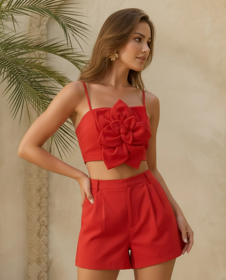 SOLACE  Red 3D Floral Spaghetti Strap Crop Top 