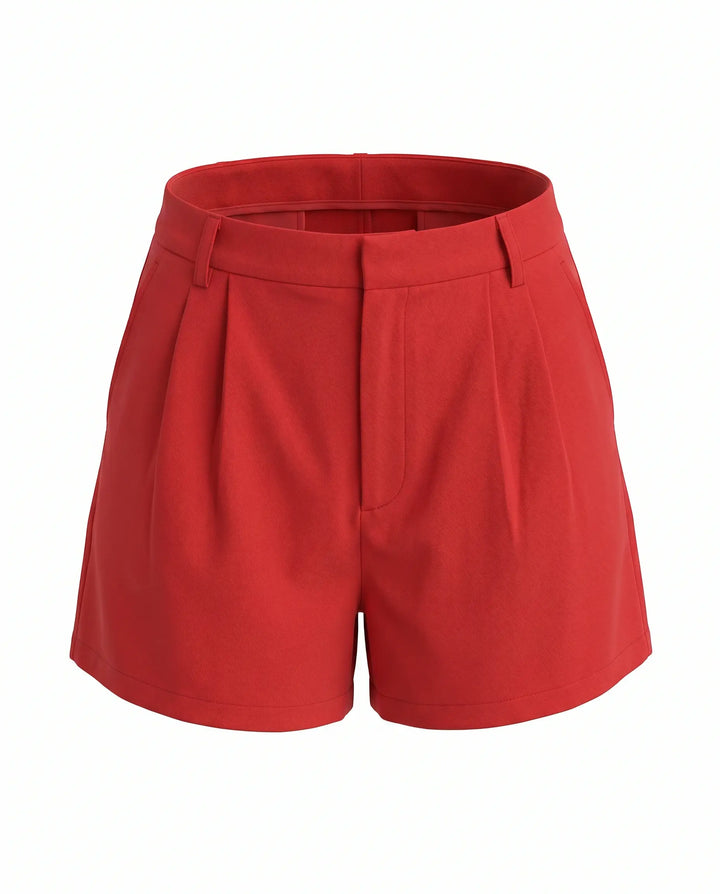 SOLACE  Red High Waist Pleated Tailored Shorts 