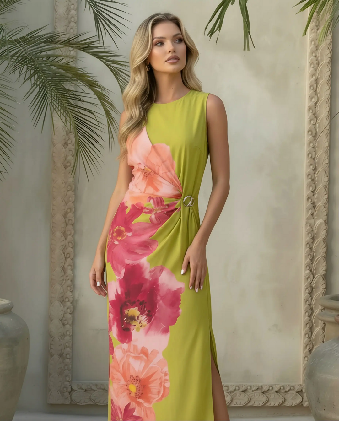 SOLACE  Light Green Floral Print Sleeveless Midi Dress 