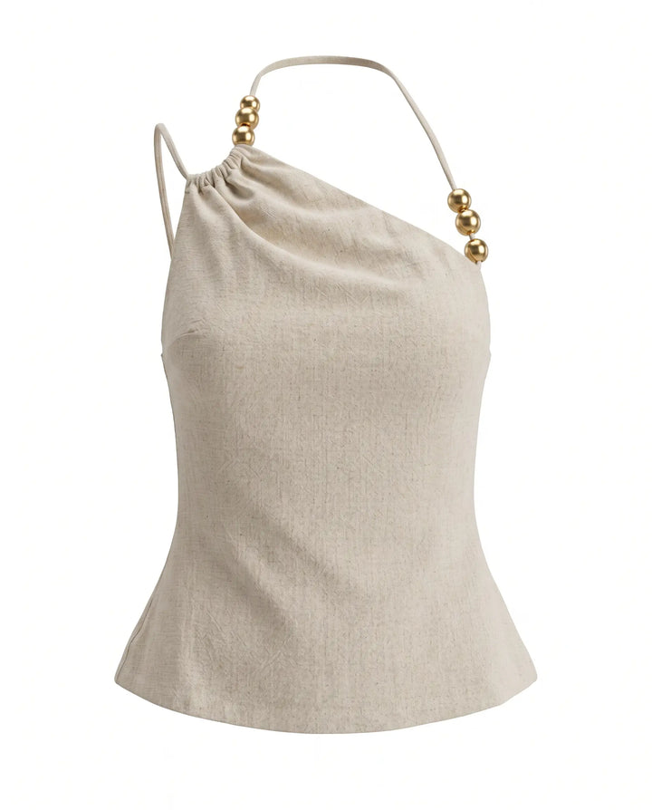 SOLACE  Beige Linen-Blend Asymmetrical Halter Neck Cami Top 