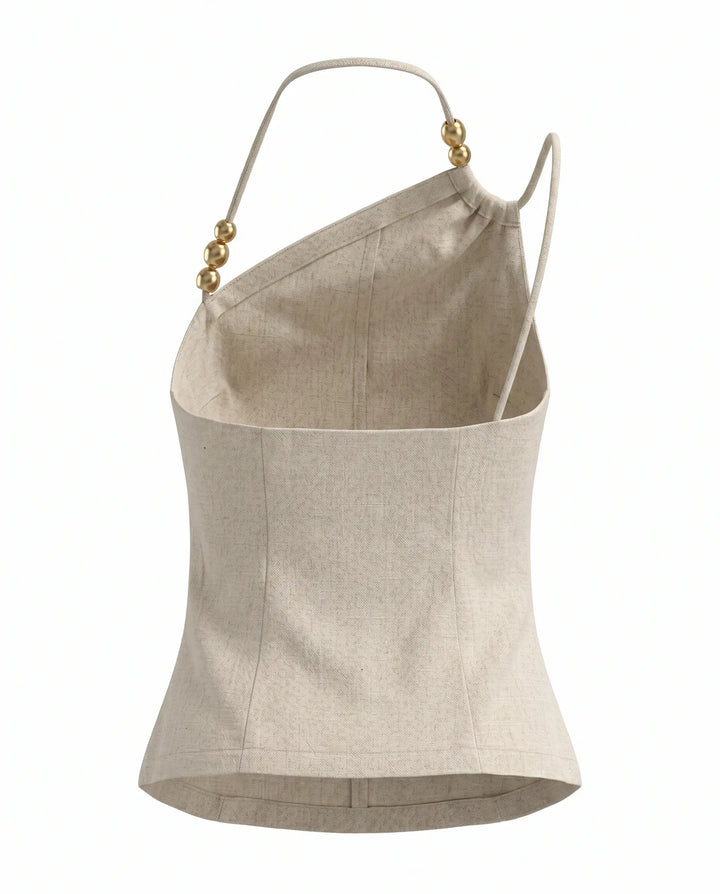 SOLACE  Beige Linen-Blend Asymmetrical Halter Neck Cami Top 