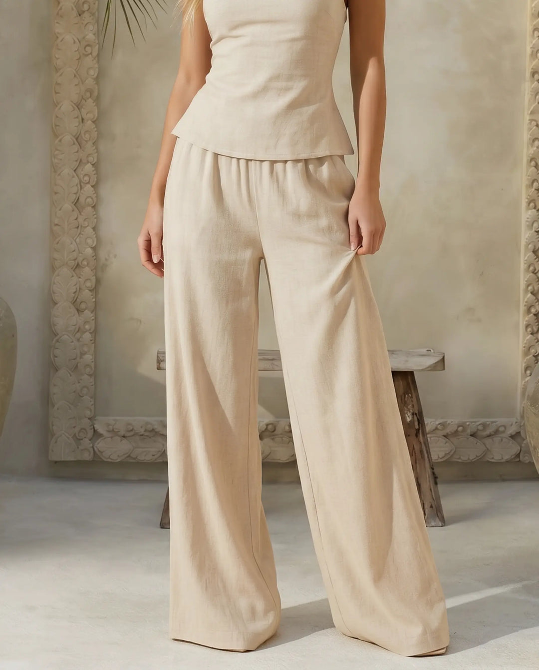 SOLACE  Beige Linen-Blend High Waist Wide Leg Pants 