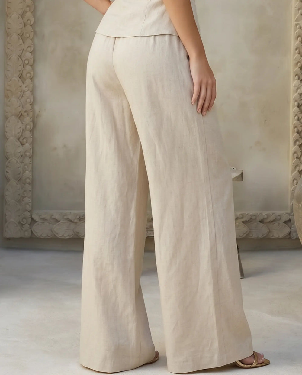 SOLACE  Beige Linen-Blend High Waist Wide Leg Pants 