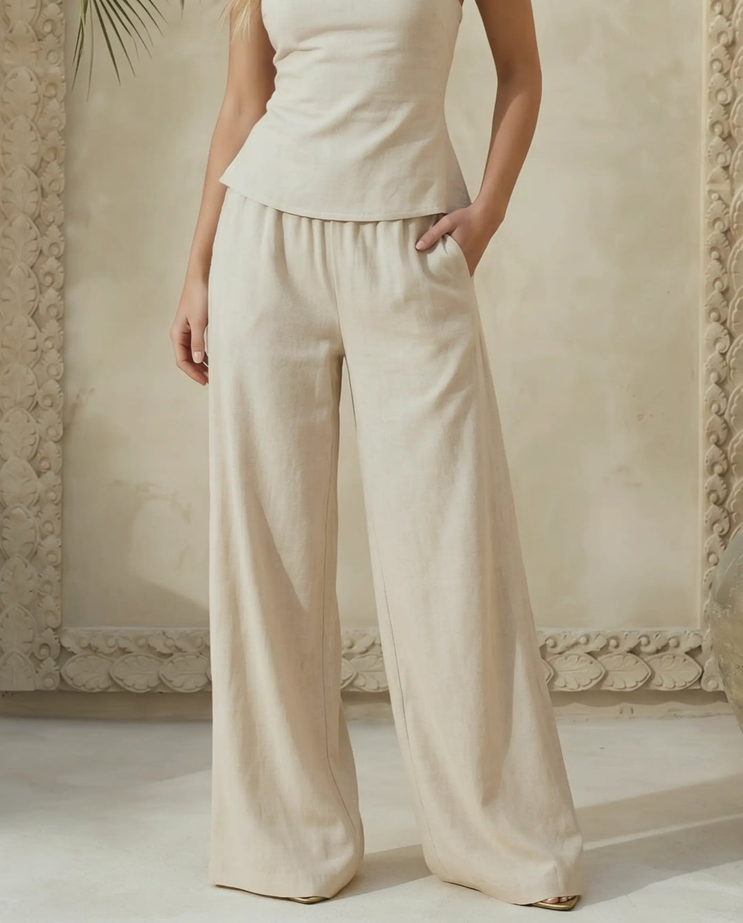 SOLACE  Beige Linen-Blend High Waist Wide Leg Pants 