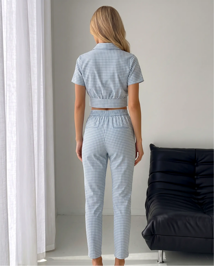 SOLACE  Blue White Gingham Check Cropped Blazer Top High Waisted Pants Set 