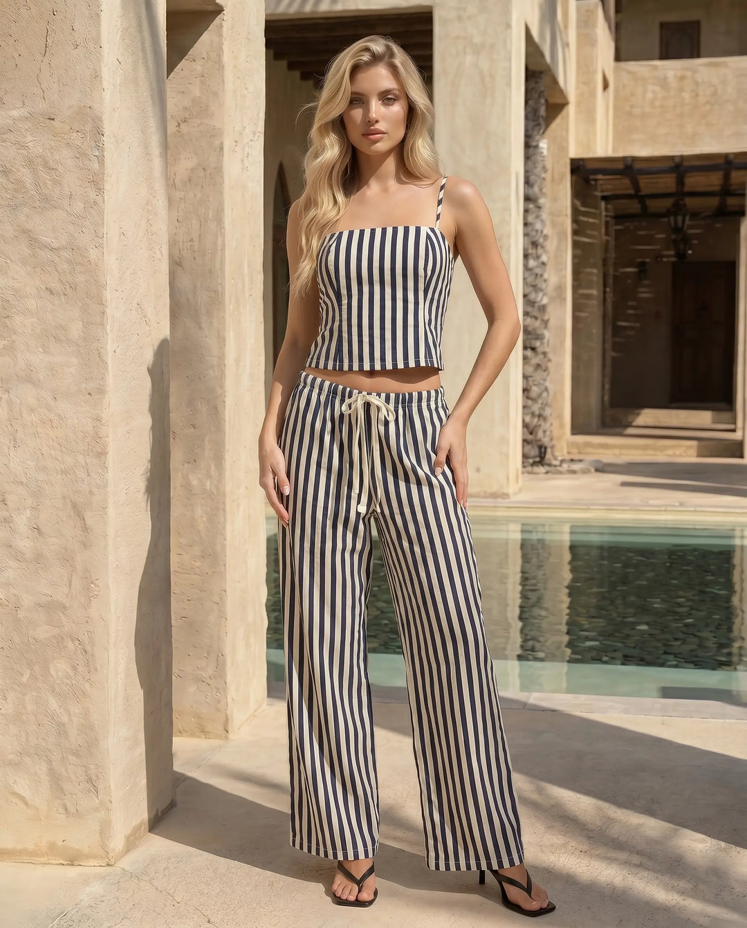 SOLACE  Beige Striped Cami and Wide Leg Pants Set 