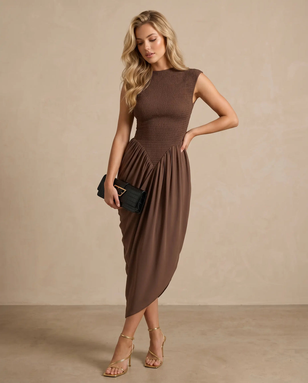 SOLACE  Brown Smocked Cap Sleeve Asymmetrical Midi Dress 