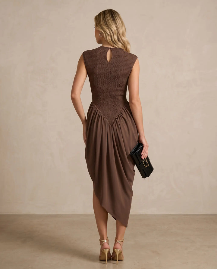SOLACE  Brown Smocked Cap Sleeve Asymmetrical Midi Dress 