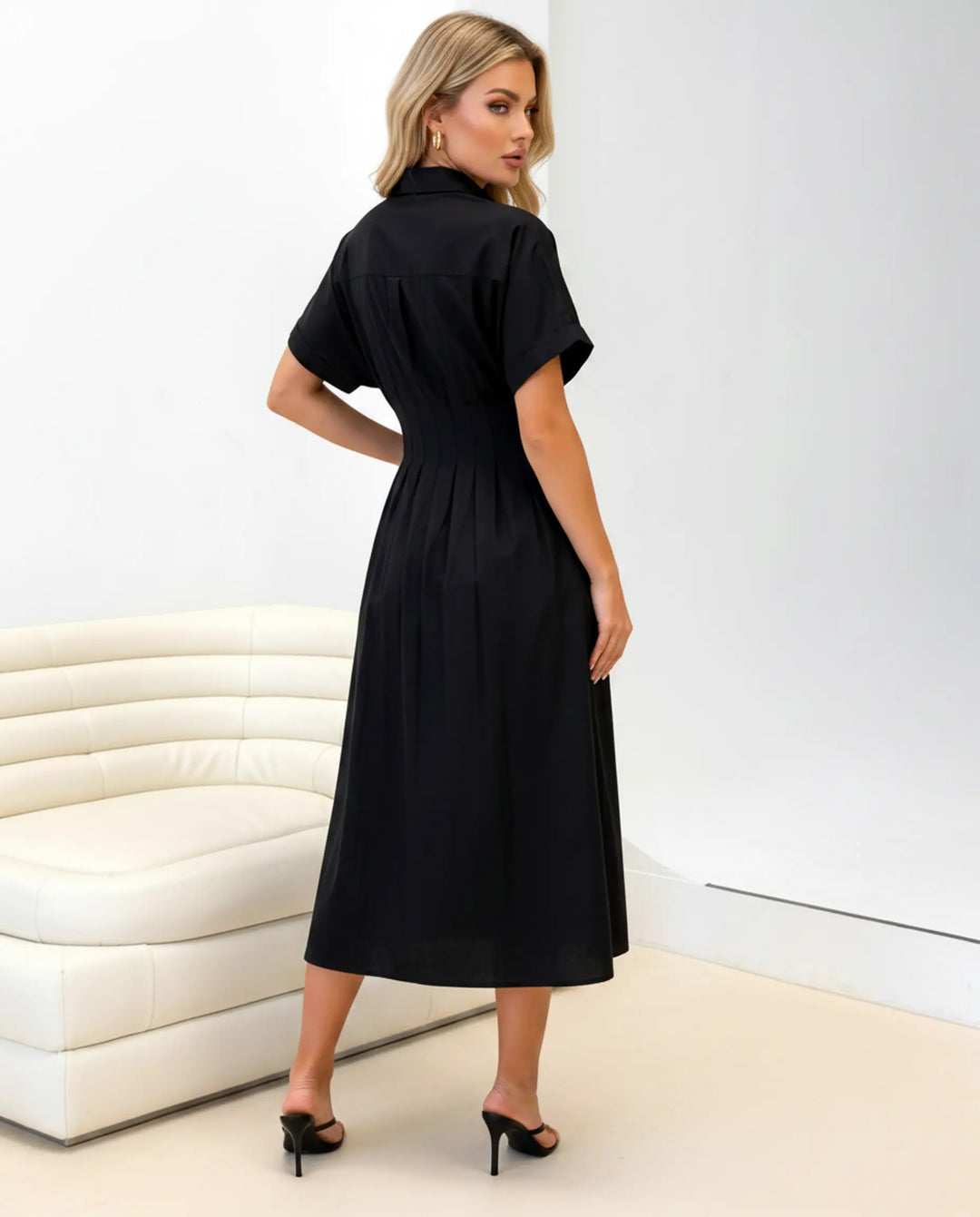 SOLACE  Black Cinched Waist Button Front Midi Shirt Dress 