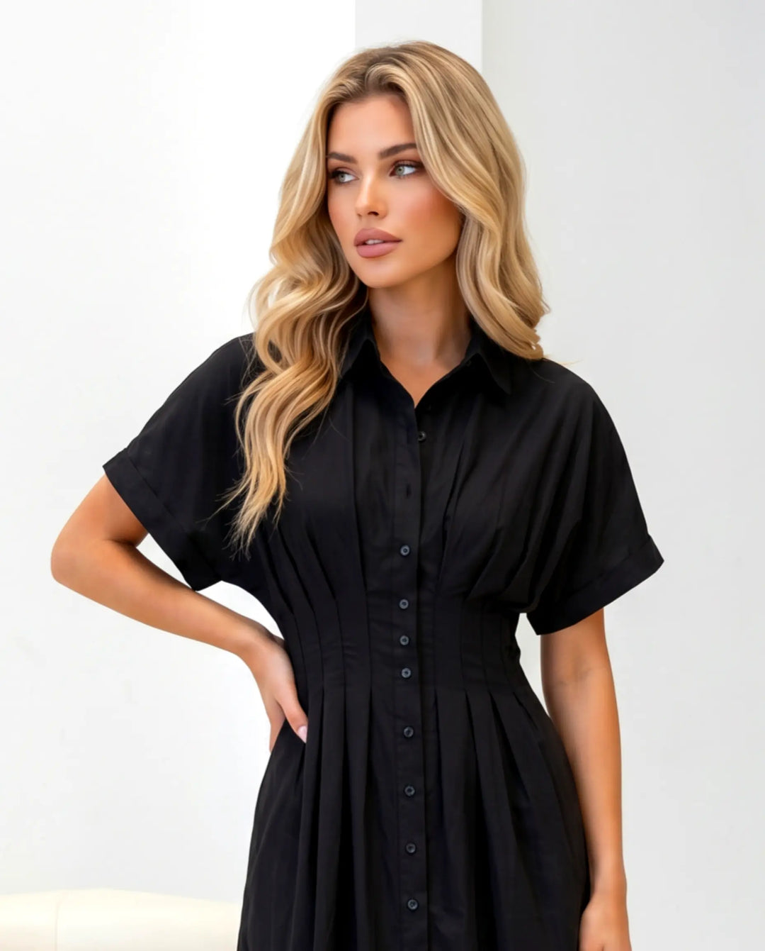SOLACE  Black Cinched Waist Button Front Midi Shirt Dress 