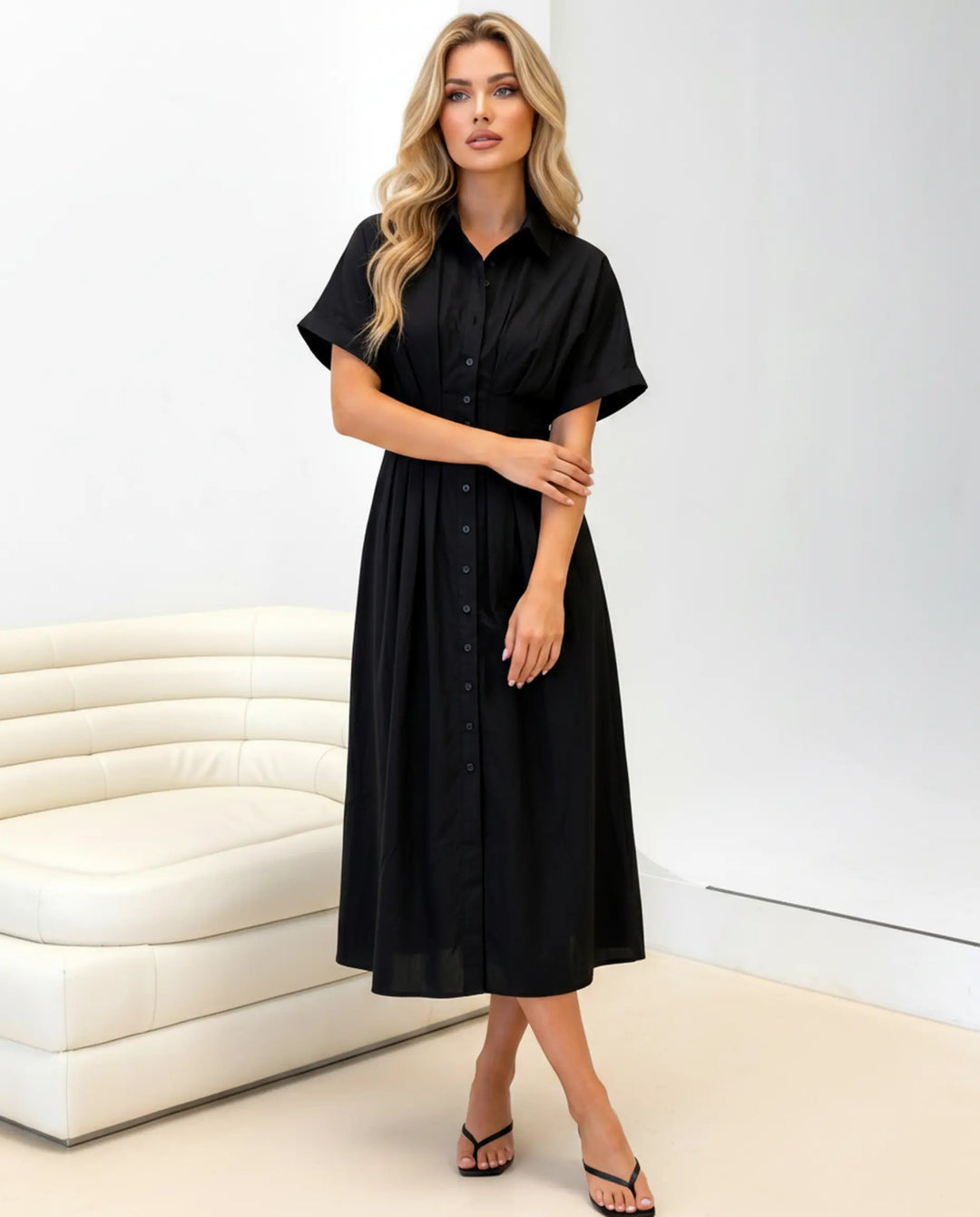 SOLACE  Black Cinched Waist Button Front Midi Shirt Dress 