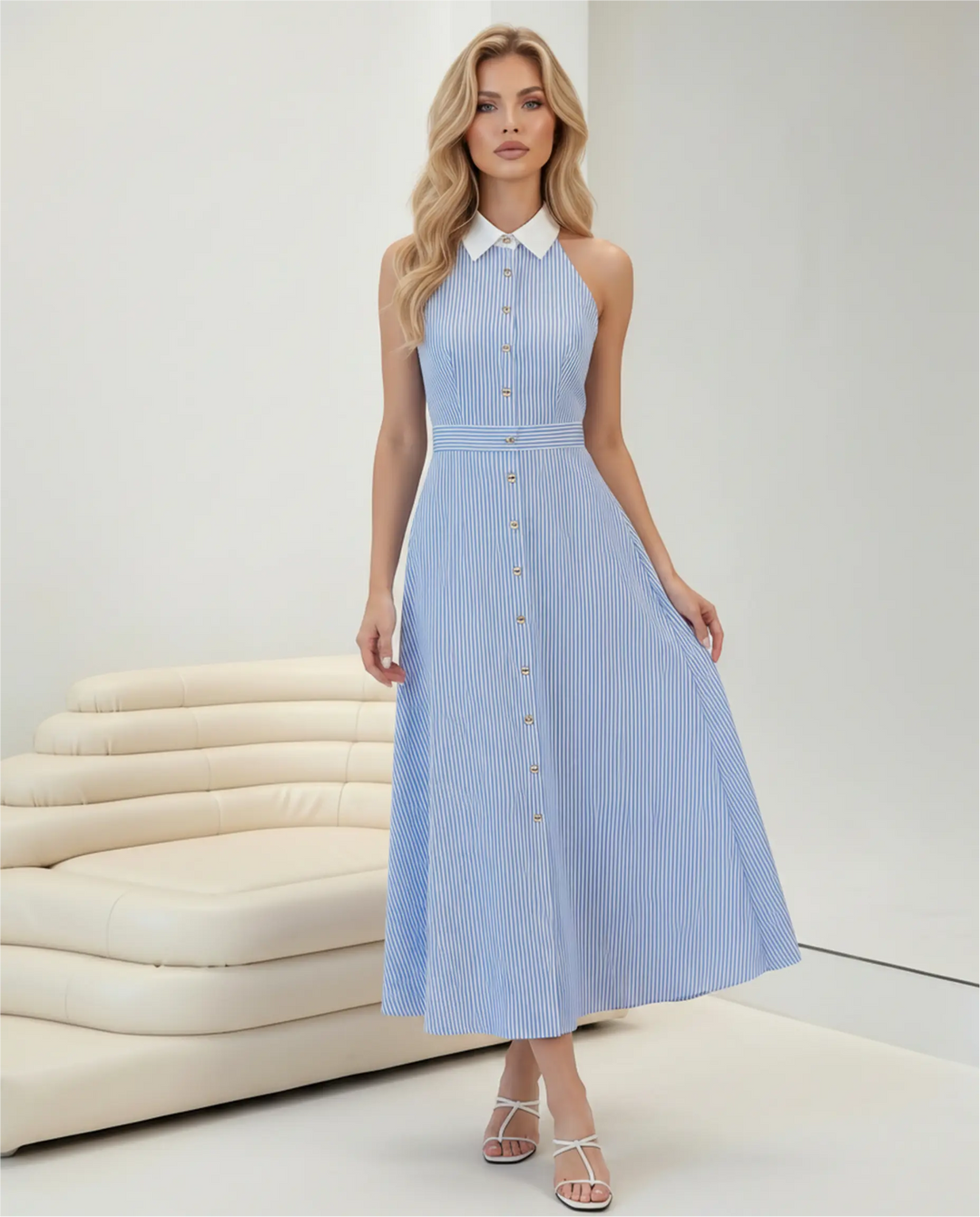 SOLACE  Blue Striped Collared Halter Neck Midi Dress 