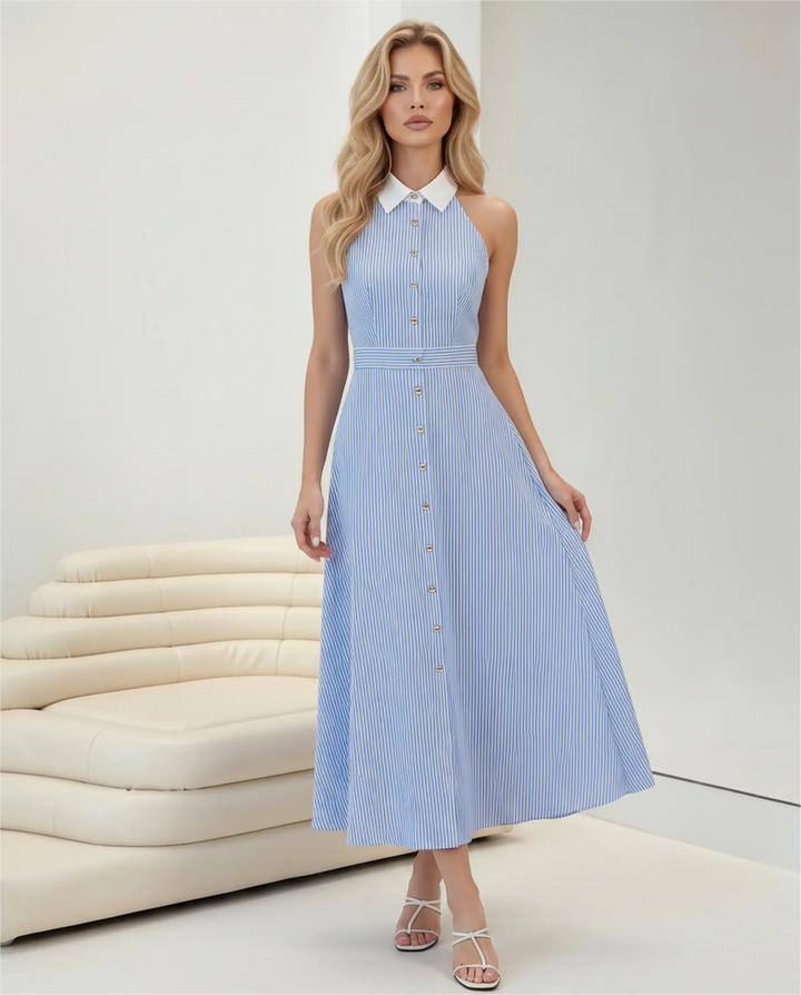 SOLACE  Blue Striped Collared Halter Neck Midi Dress 
