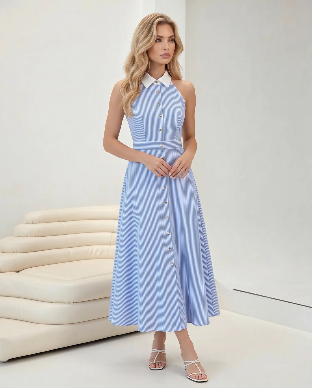 SOLACE  Blue Striped Collared Halter Neck Midi Dress 